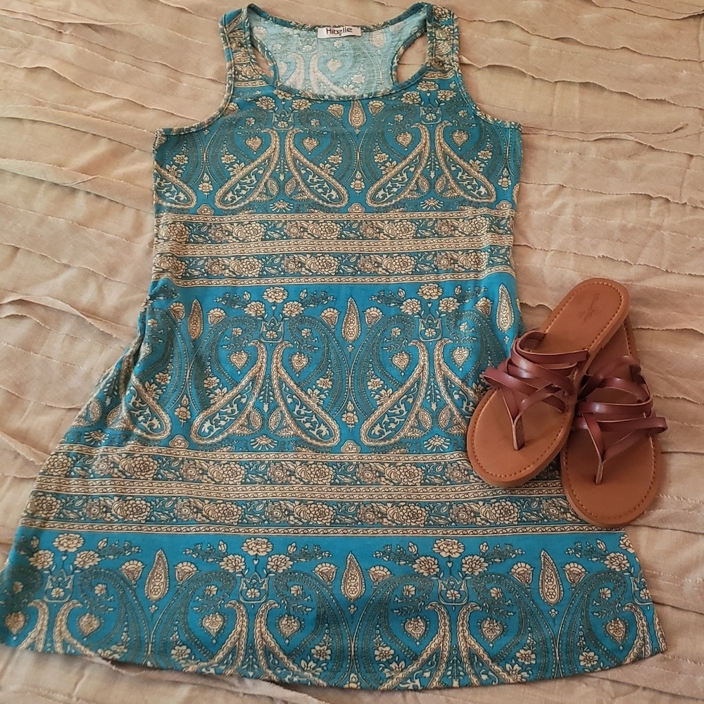 Teal & Tan Print Tank Dress